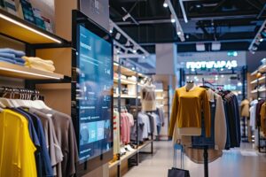 clothing retail store shop with interactive information display panel